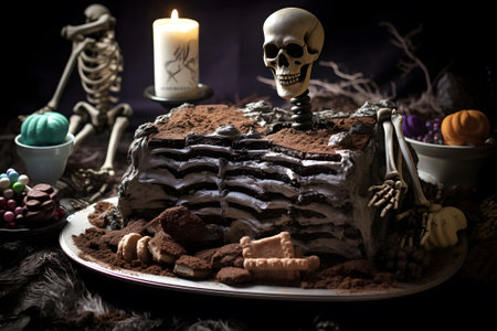 A graveyard cake with edible skeleton bones, gummy worms, and cookie tombstones. Generative Ai.NO.01の素材
