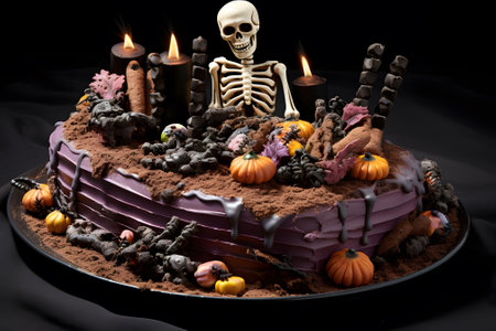 A graveyard cake with edible skeleton bones, gummy worms, and cookie tombstones. Generative Ai.NO.03の素材