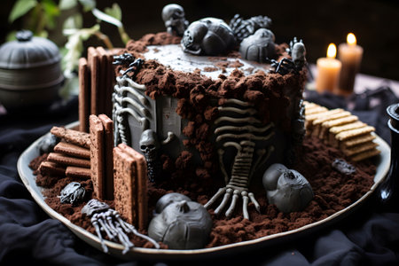 A graveyard cake with edible skeleton bones, gummy worms, and cookie tombstones. Generative Ai.NO.04の素材