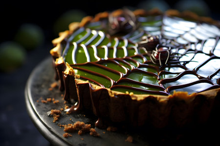 A spooky spiderweb chocolate tart with a gooey green "witches' brew" center. Generative Ai.NO.01の素材