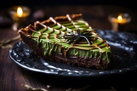 A spooky spiderweb chocolate tart with a gooey green "witches' brew" center. Generative Ai.NO.03の素材