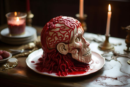 A macabre red velvet brain cake with strawberry sauce "blood". Generative Ai.NO.03の素材