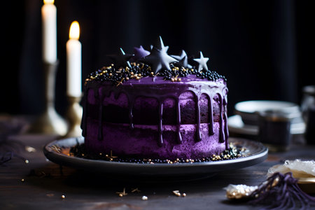 A black velvet cake with purple cream cheese frosting and edible silver star sprinkles for a celestial Halloween treat. Generative Ai.NO.01の素材