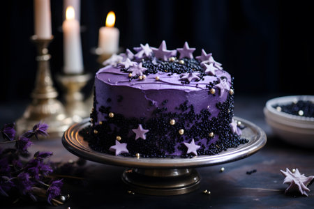 A black velvet cake with purple cream cheese frosting and edible silver star sprinkles for a celestial Halloween treat. Generative Ai.NO.02の素材