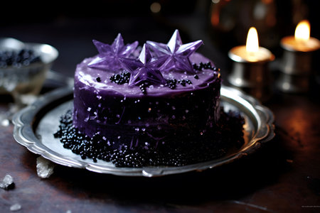 A black velvet cake with purple cream cheese frosting and edible silver star sprinkles for a celestial Halloween treat. Generative Ai.NO.03の素材