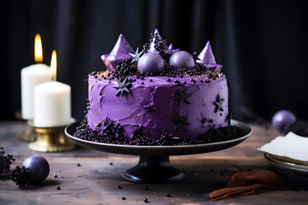 A black velvet cake with purple cream cheese frosting and edible silver star sprinkles for a celestial Halloween treat. Generative Ai.NO.04の素材