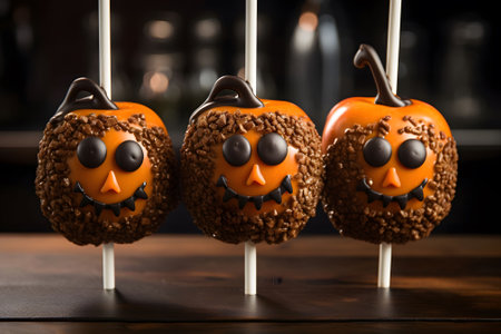 A trio of caramel apples with ghoulish faces, coated in black and orange sprinkles. Generative Ai.NO.03の素材