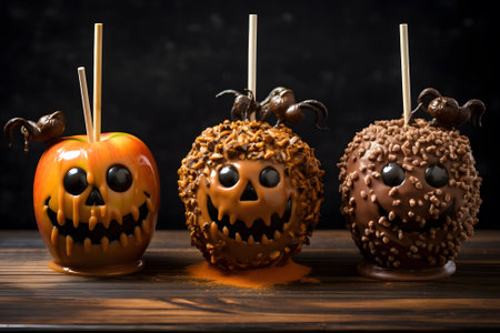 A trio of caramel apples with ghoulish faces, coated in black and orange sprinkles. Generative Ai.NO.04の素材