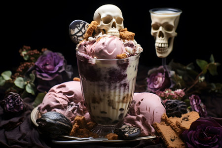 A spectral graveyard-themed ice cream sundae with tombstone cookies and edible ghostly apparitions. Generative Ai.NO.03の素材
