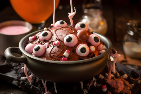 A chocolate cauldron filled with bubbling hot cocoa, marshmallow "eyeballs," and licorice stirrers. Generative Ai.NO.01の素材