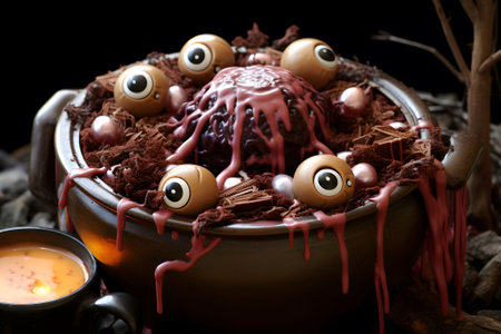 A chocolate cauldron filled with bubbling hot cocoa, marshmallow "eyeballs," and licorice stirrers. Generative Ai.NO.02の素材