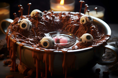 A chocolate cauldron filled with bubbling hot cocoa, marshmallow "eyeballs," and licorice stirrers. Generative Ai.NO.03の素材
