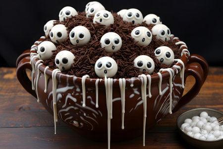 A chocolate cauldron filled with bubbling hot cocoa, marshmallow "eyeballs," and licorice stirrers. Generative Ai.NO.04の素材