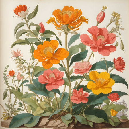Botanical illustration of a non existing inexistent
flower plant,19th century botanical illustration of bright flowers. Ai Generated.(no.01)の素材