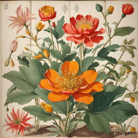 Botanical illustration of a non existing inexistent
flower plant,19th century botanical illustration of bright flowers. Ai Generated.(no.02)の素材