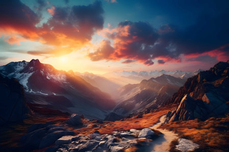 Majestic mountain range at sunset, casting vibrant hues across the horizon. Ai Generated.No.01の素材