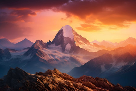 Majestic mountain range at sunset, casting vibrant hues across the horizon. Ai Generated.No.02の素材