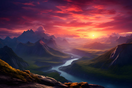 Majestic mountain range at sunset, casting vibrant hues across the horizon. Ai Generated.No.03の素材