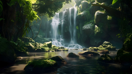 Serene cascading waterfall hidden amidst a lush, emerald forest. Ai Generated.N0.04の素材
