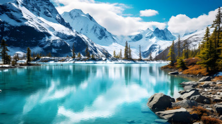 Pristine turquoise lake nestled in a picturesque valley, reflecting the snow-capped peaks that guard its tranquil waters. Ai Generated. No.01の素材