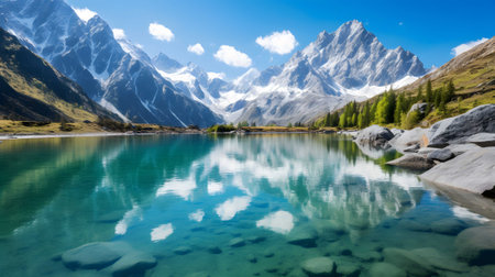 Pristine turquoise lake nestled in a picturesque valley, reflecting the snow-capped peaks that guard its tranquil waters. Ai Generated. No.03の素材