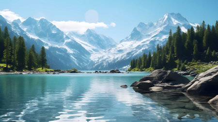 Pristine turquoise lake nestled in a picturesque valley, reflecting the snow-capped peaks that guard its tranquil waters. Ai Generated. No.04の素材