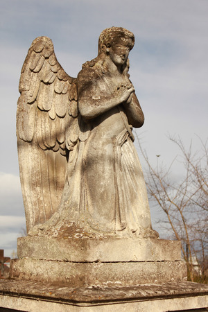 Figure of a praying angel on a blue skyの写真素材
