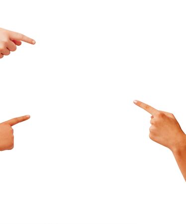 Children pointing with hands and fingers towards copy space area. Free space for design. の写真素材