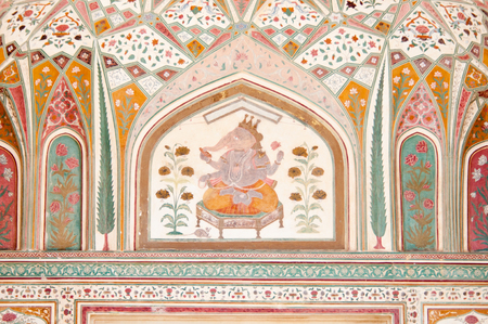 wall painting of the hindu god ganesha in the fort amber in india - rajasthan - jaipurのeditorial素材