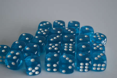multiple blue plastic arcylic d6 six sided die dice variable focusの写真素材