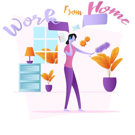 Vector illustration of a woman working from home. Women calling while doing housework. Work from home because of the covid-19 pandemic. Woman cleaning the house vector illustrationのイラスト素材