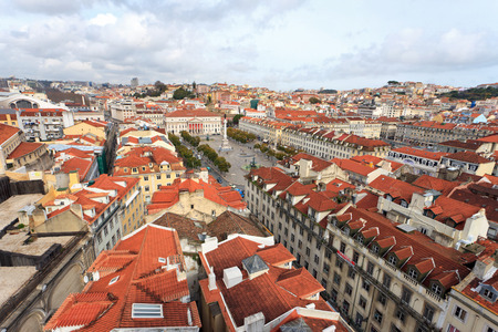 Aerial view over the rooftops of Lisbon city centre with its historical architectureのeditorial素材