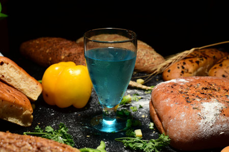 non alcoholic cocktail different type bakery product isolated in black