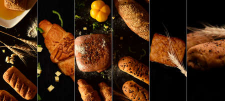 bakery product bread collage banner isolated blackの写真素材
