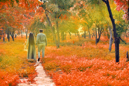 Young couple walk in park in autumn season. walk in nature concept .の写真素材
