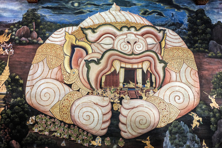 Ramayana traditional thai art,Hanuman keep Rama on his mouthの写真素材