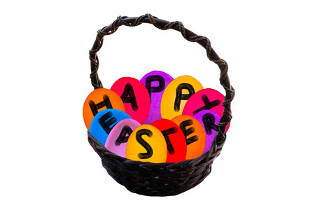 Easter egg basket on isolated backgroundの写真素材