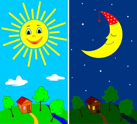 Countryside view in the daytime and nighttime with the sun and the moon in cartoon styleのイラスト素材