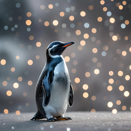 A beautiful glass or crystalline penguin standing on a dark, snowy surface against a magical, blurred holiday background of golden bokeh lights. Christmas and Winter concept.の素材