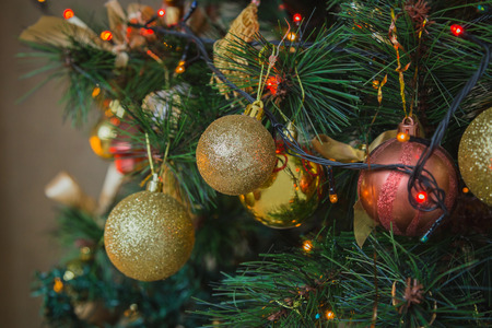 Christmas tree branch with ball and toysの写真素材