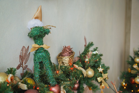 Christmas Fireplace, Family Hanging Three Socks, Xmas Lights Decoration, Tree Branchesの写真素材