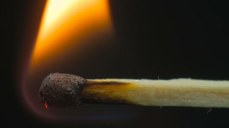 Wooden match burning. Black background. Extreme macro shot