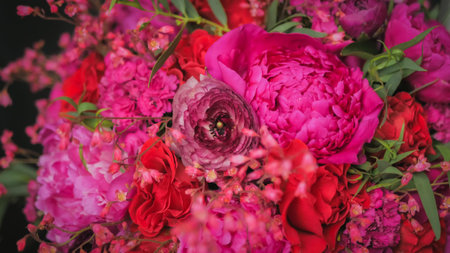 Beautiful wedding bouquet on the black background. Floristry and handmade concept