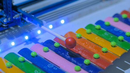 Robot playing on colorful xylophone at technology exhibition. Future and robotic concept