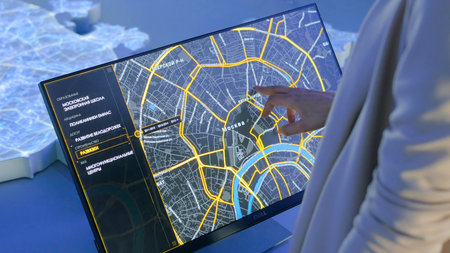 MOSCOW, RUSSIA - July 30, 2018: Smart City Exhibition. Woman using interactive touchscreen display...
