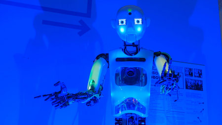 MOSCOW, RUSSIA - July 30, 2018: Robostation - future exhibition. Portrait of funny humanoid robot at...