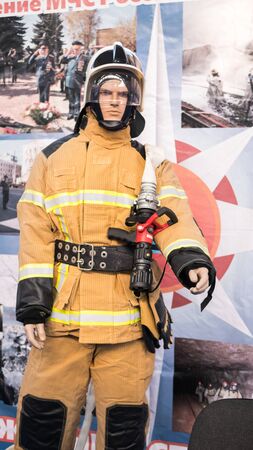 NIZHNY NOVGOROD, RUSSIA - November 15, 2018: Specialized exhibition Security, protection, salvation. Mannequin of firemanのeditorial素材