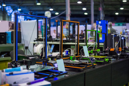 Automatic 3D printers in row during work at modern technology exhibition. 3D printing, additive...