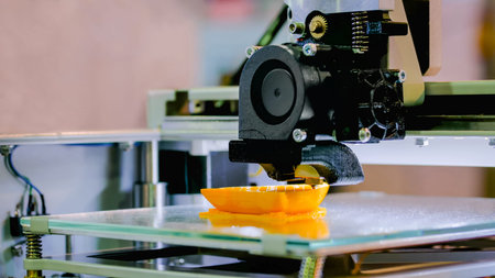 3D printing technology concept - three dimensional printing machine making physical 3D model at...
