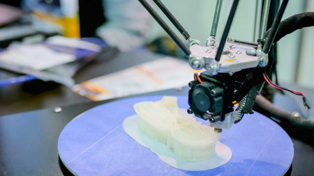 Print head of 3D printer machine printing plastic model at modern scifi technology exhibition. 3D...